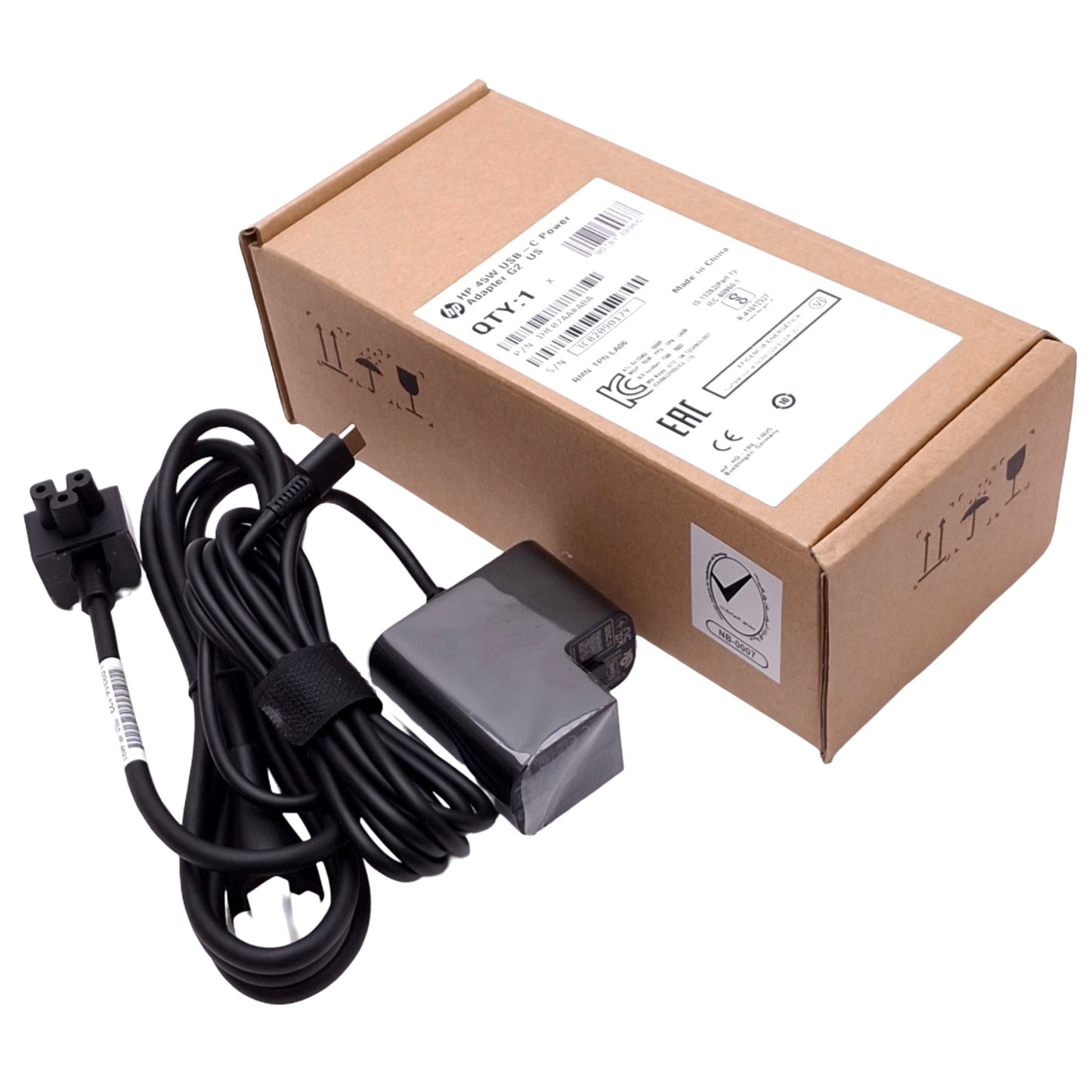 New HP 1HE07AA#ABA USB-C Power Adapter Kit, 100-240VAC In, 5-20VDC Out, USB-C, 45W