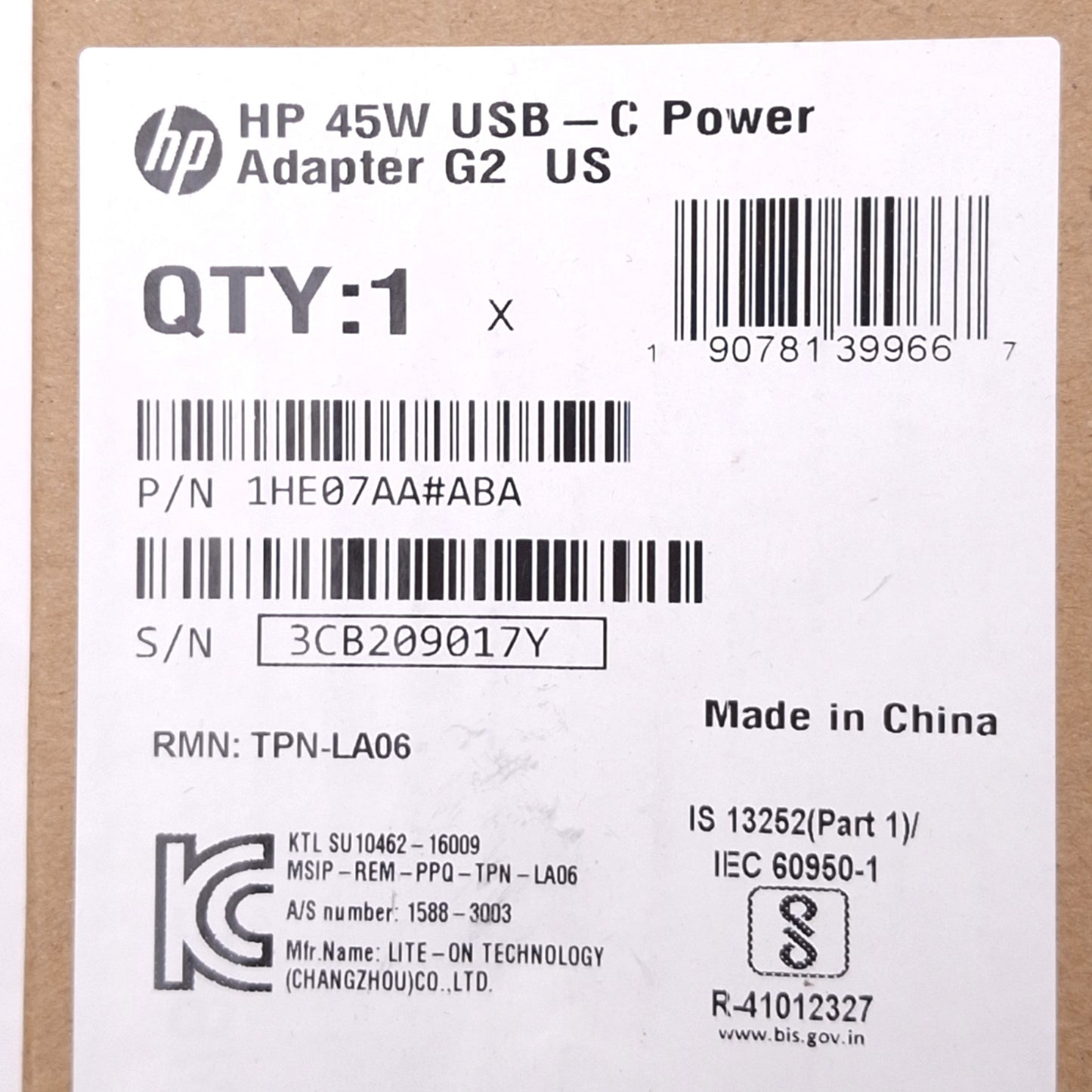 New HP 1HE07AA#ABA USB-C Power Adapter Kit, 100-240VAC In, 5-20VDC Out, USB-C, 45W