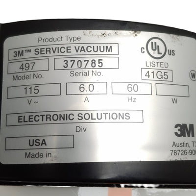 Used 3M 497 Portable Electronics Vacuum ESD Safe, 6A 115VAC, w/ Tools & Type 2 Filter