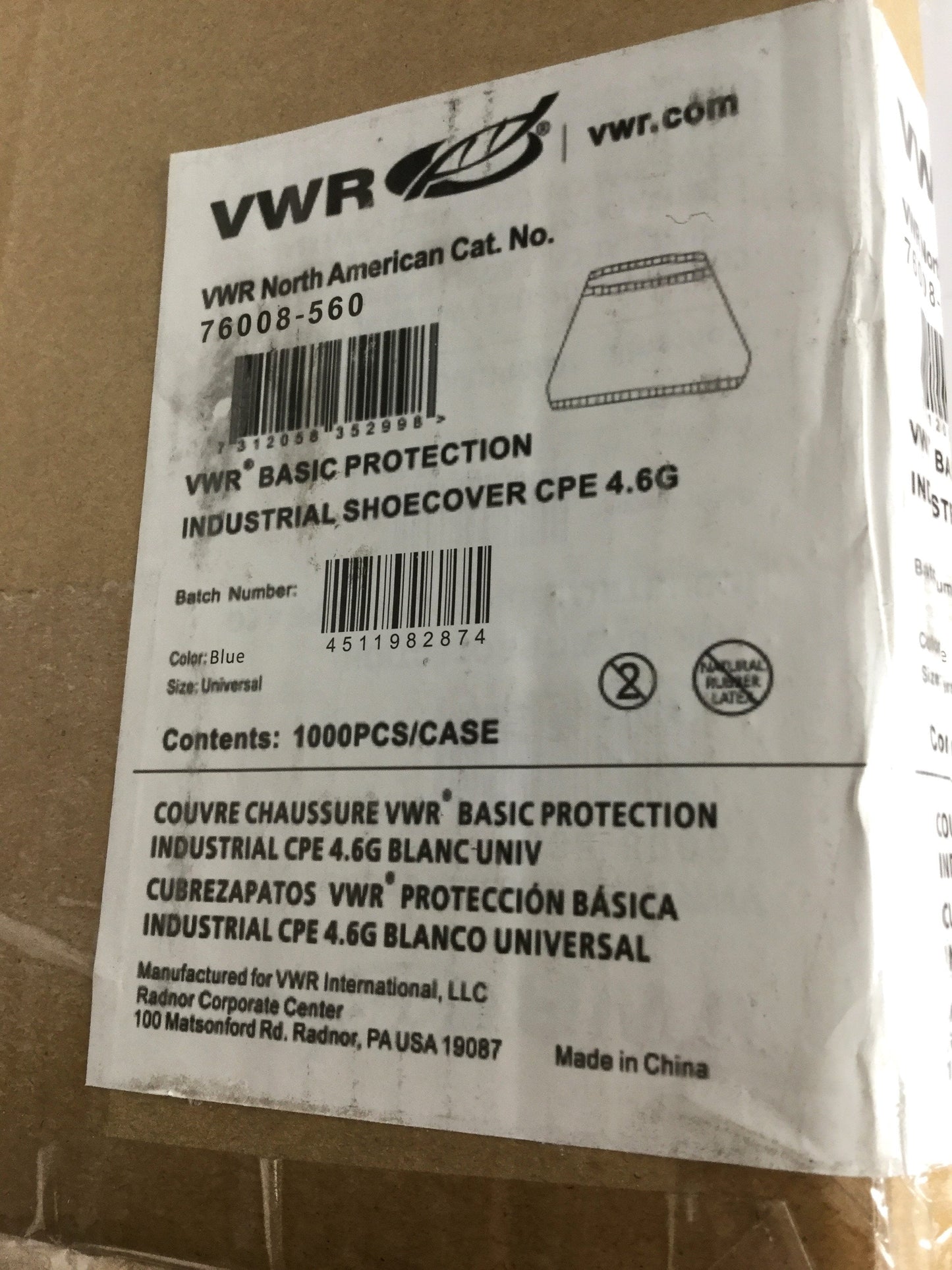 New – Open box Case of 900+ VWR 76088-560 Basic Industrial Protection Shoe Covers, CPE, Blue