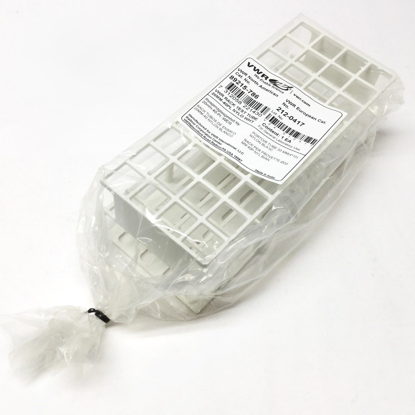 New VWR 89215-786 ⌀20mm Test Tube Rack, 40-Place, White, 254mm L x 104mm W x 87mm H