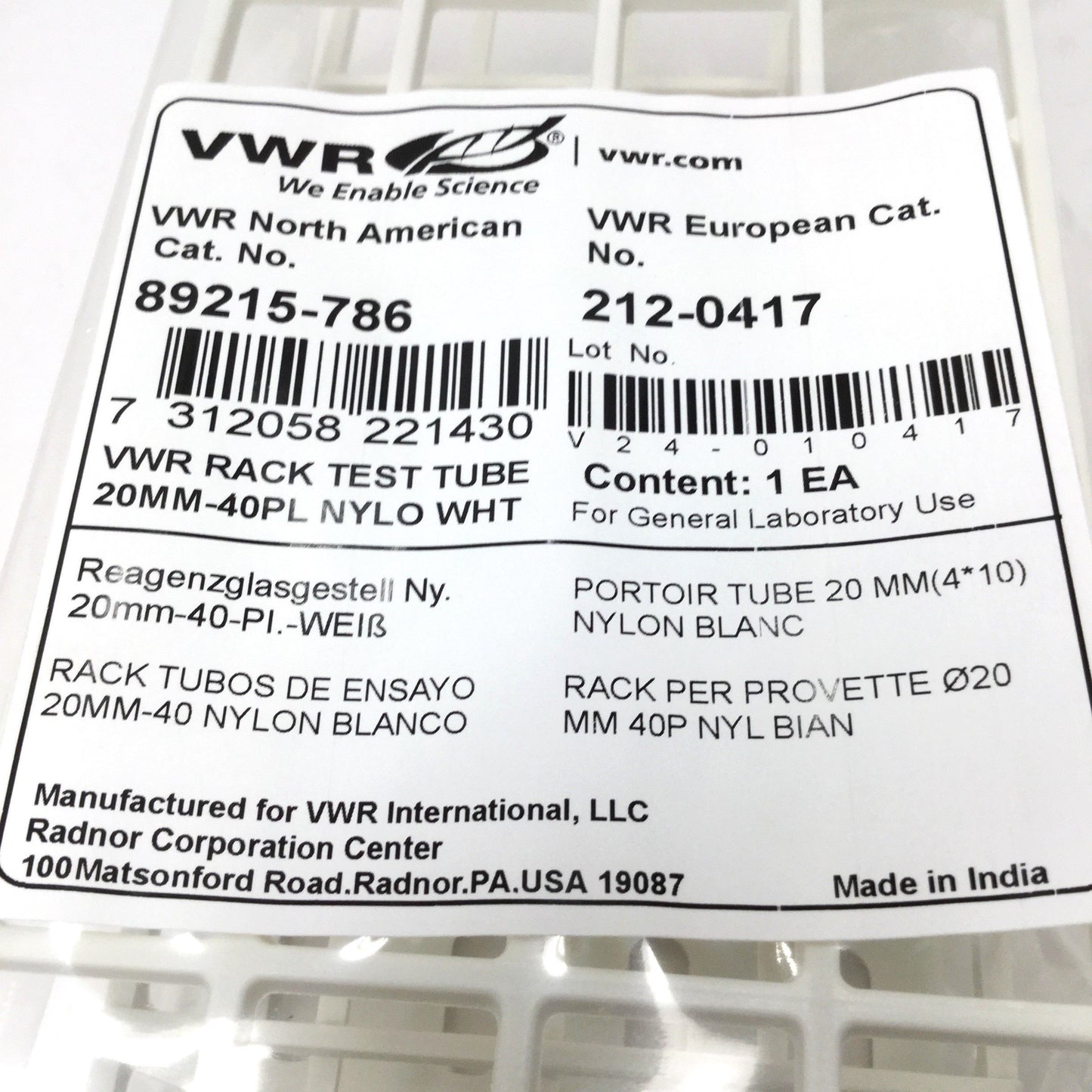 New VWR 89215-786 ⌀20mm Test Tube Rack, 40-Place, White, 254mm L x 104mm W x 87mm H