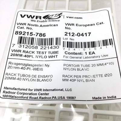 New VWR 89215-786 ⌀20mm Test Tube Rack, 40-Place, White, 254mm L x 104mm W x 87mm H