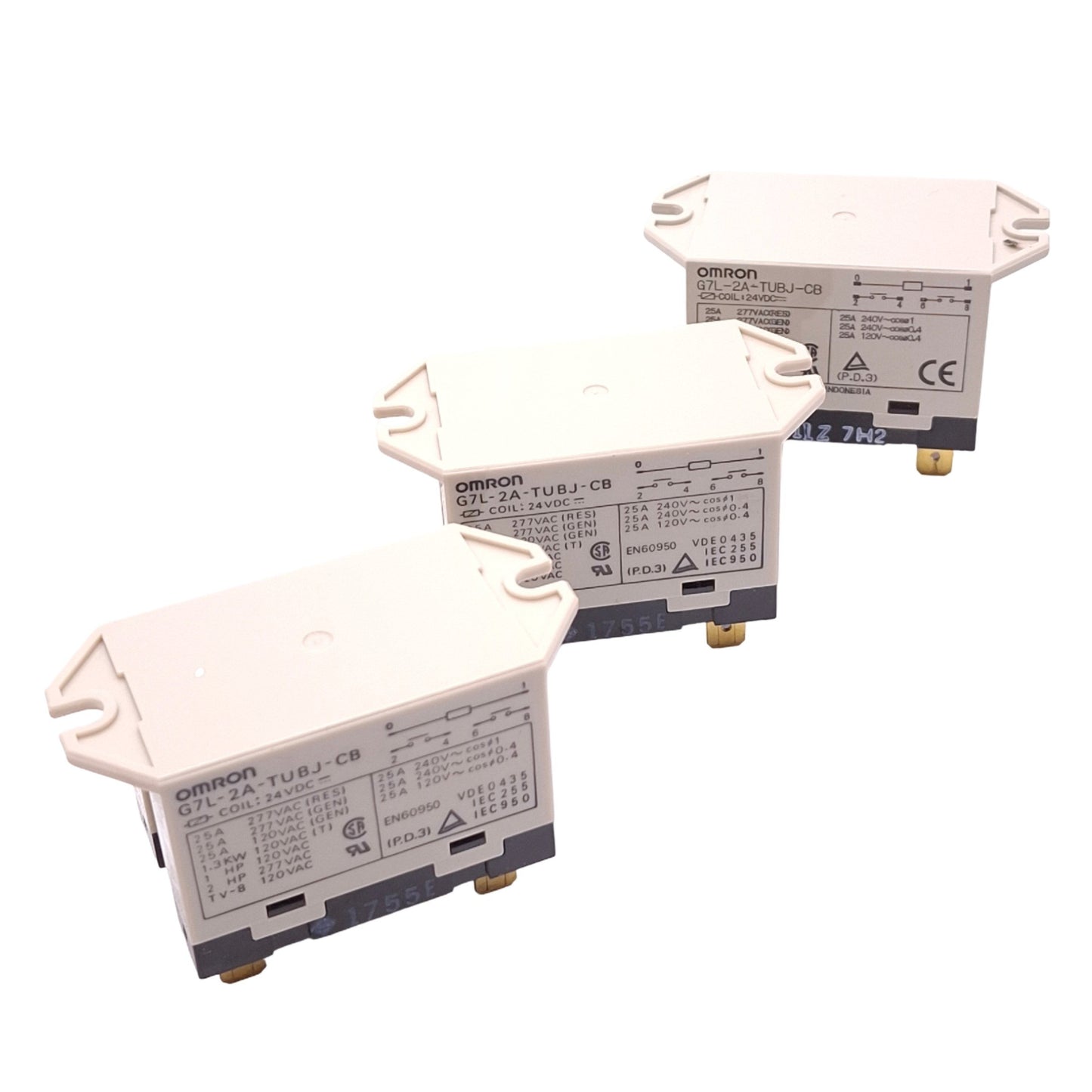 Used Lot of 3 Omron G7L-2A-TUBJ-CB-DC24 Relays, DPST-NO, 6-Pin, 25A Max, 24VDC Coil