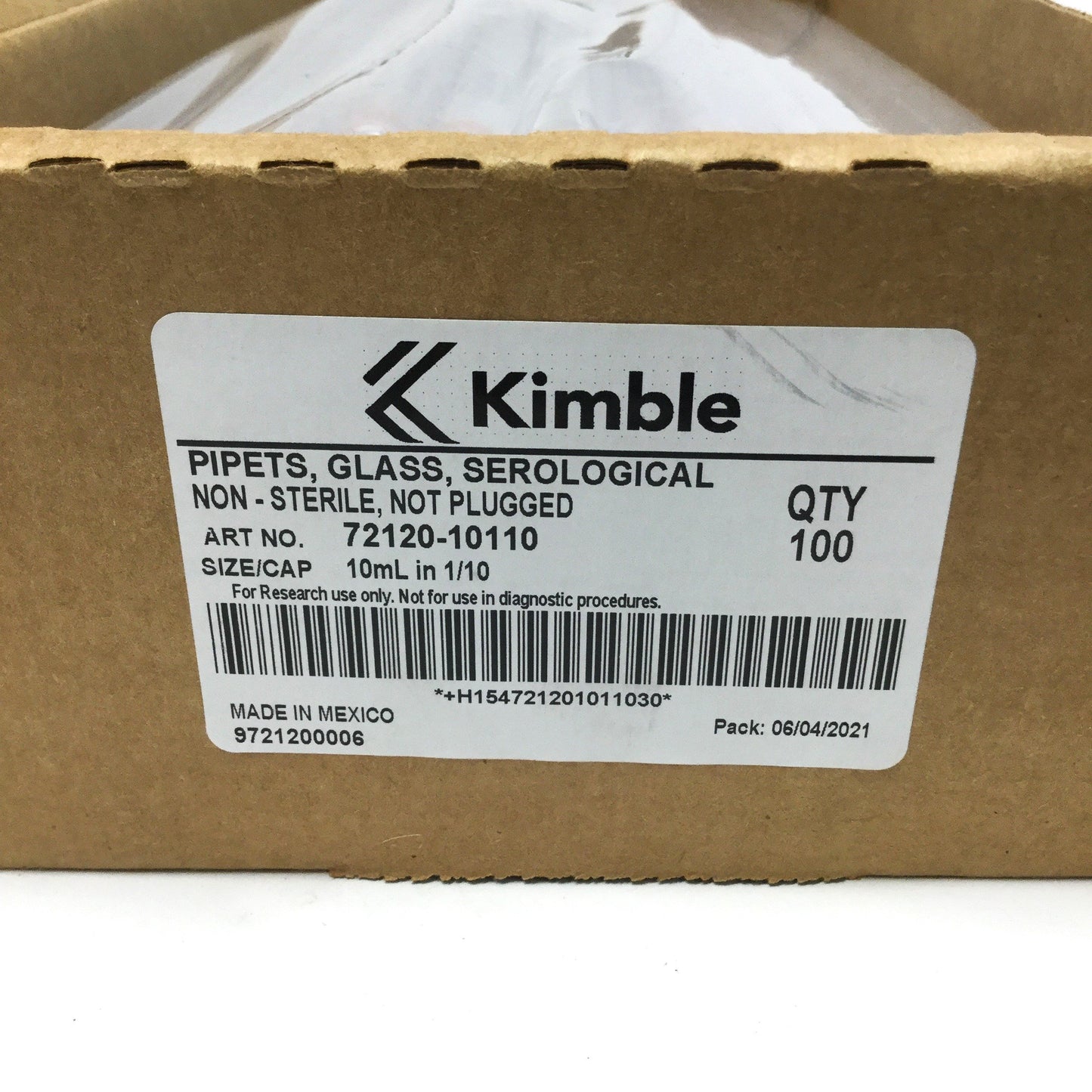 New Lot of 100 Kimble 72120-10110 Serological Pipettes, Glass, 10mL x 0.1mL Grad
