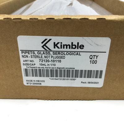 New Lot of 100 Kimble 72120-10110 Serological Pipettes, Glass, 10mL x 0.1mL Grad