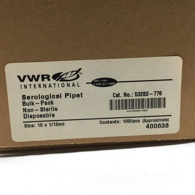 New Lot of 100 VWR 53283-776 PYREX Serological Pipettes, Glass, 10mL x 0.1mL Grad