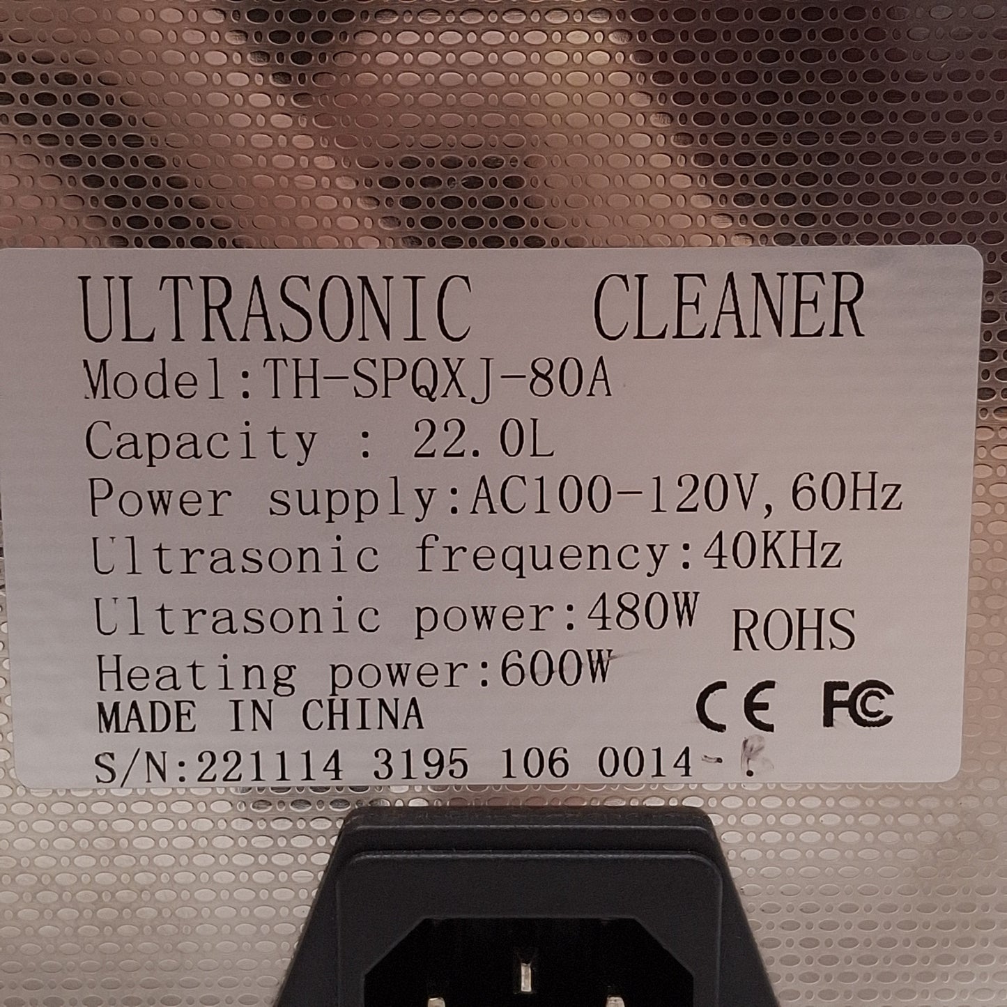 Used Vevor TH-SPQXJ-80A Heated Ultrasonic Cleaner 22L 40kHz 0-30min 0-80°C 100-120VAC