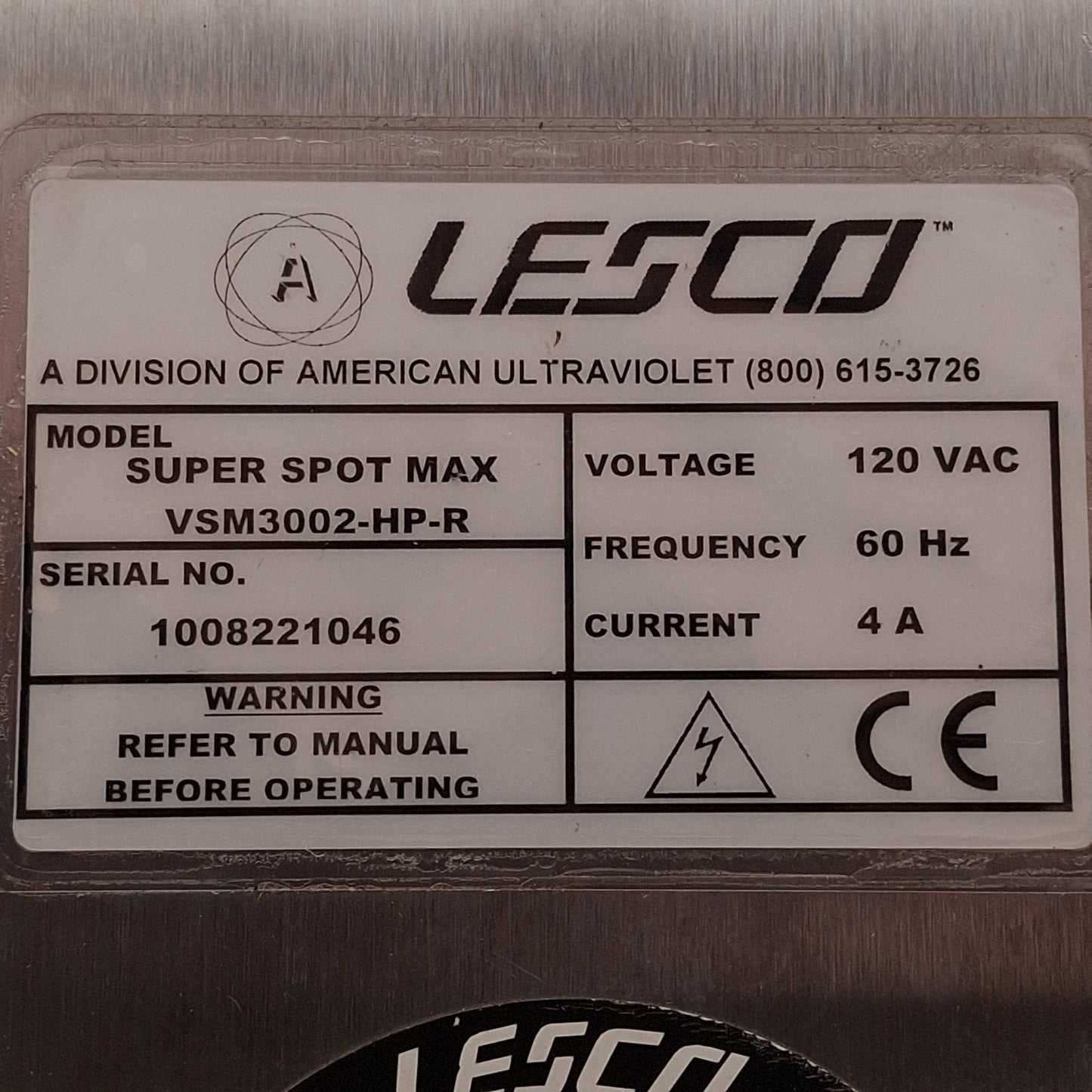 Used Lesco VSM3002-HP-R Super Spot Max HP UV Light Source, 315-400nm, 200W, 120VAC