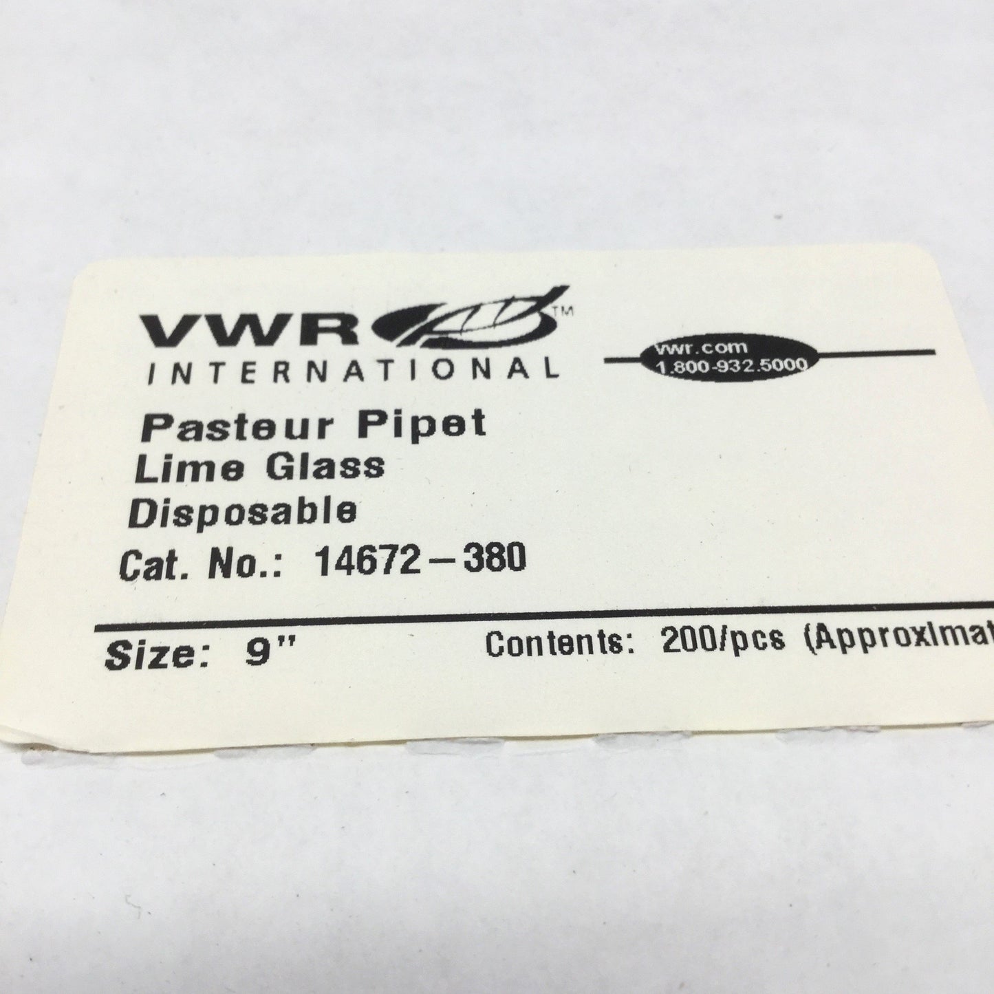 New Box of 200 VWR 14672-380 Disposable Lime Glass Pasteur Pipettes, 2mL, 9" Long