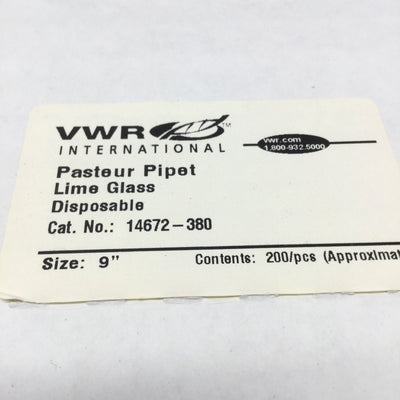 New Box of 200 VWR 14672-380 Disposable Lime Glass Pasteur Pipettes, 2mL, 9" Long