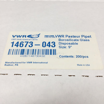 New Box of 200 VWR 14673-043 Disposable Borosilicate Glass Pasteur Pipettes, 2mL, 9"
