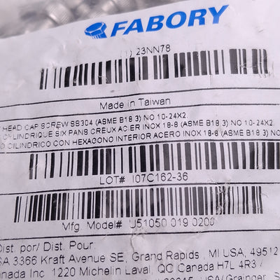 New Lot of 100 U51050.019.0200 Socket Head Cap Screw, #10-32 Thread x 2in L, SS