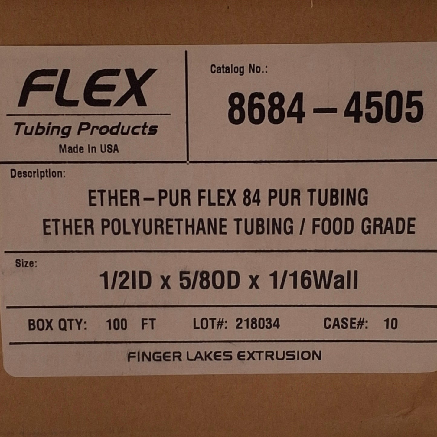New Flex Tubing 8684-4505 Ether Polyurethane Tubing 1/2" ID, 5/8" OD, 100ft Length