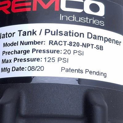 New REMCO RACT-820-NPT-SB Accumulator/Pulsation Dampener Tank 1/2" NPT, 125psi Max