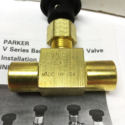 New Parker 2F-V2LK-B Inline Needle Valve, Brass, 1/8" NPT, 3000psi, PCTFE Stem
