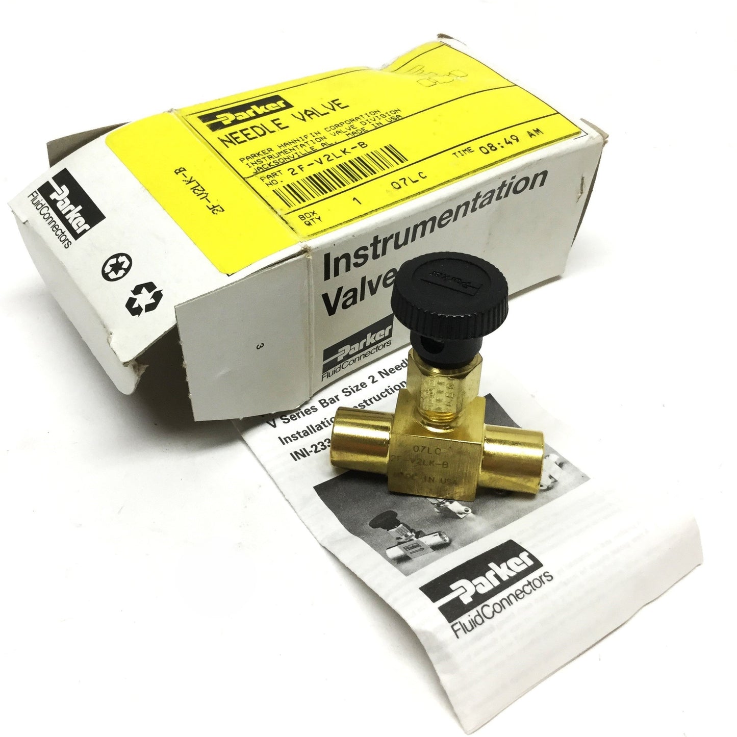 New Parker 2F-V2LK-B Inline Needle Valve, Brass, 1/8" NPT, 3000psi, PCTFE Stem