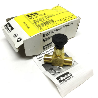 New Parker 2F-V2LK-B Inline Needle Valve, Brass, 1/8" NPT, 3000psi, PCTFE Stem