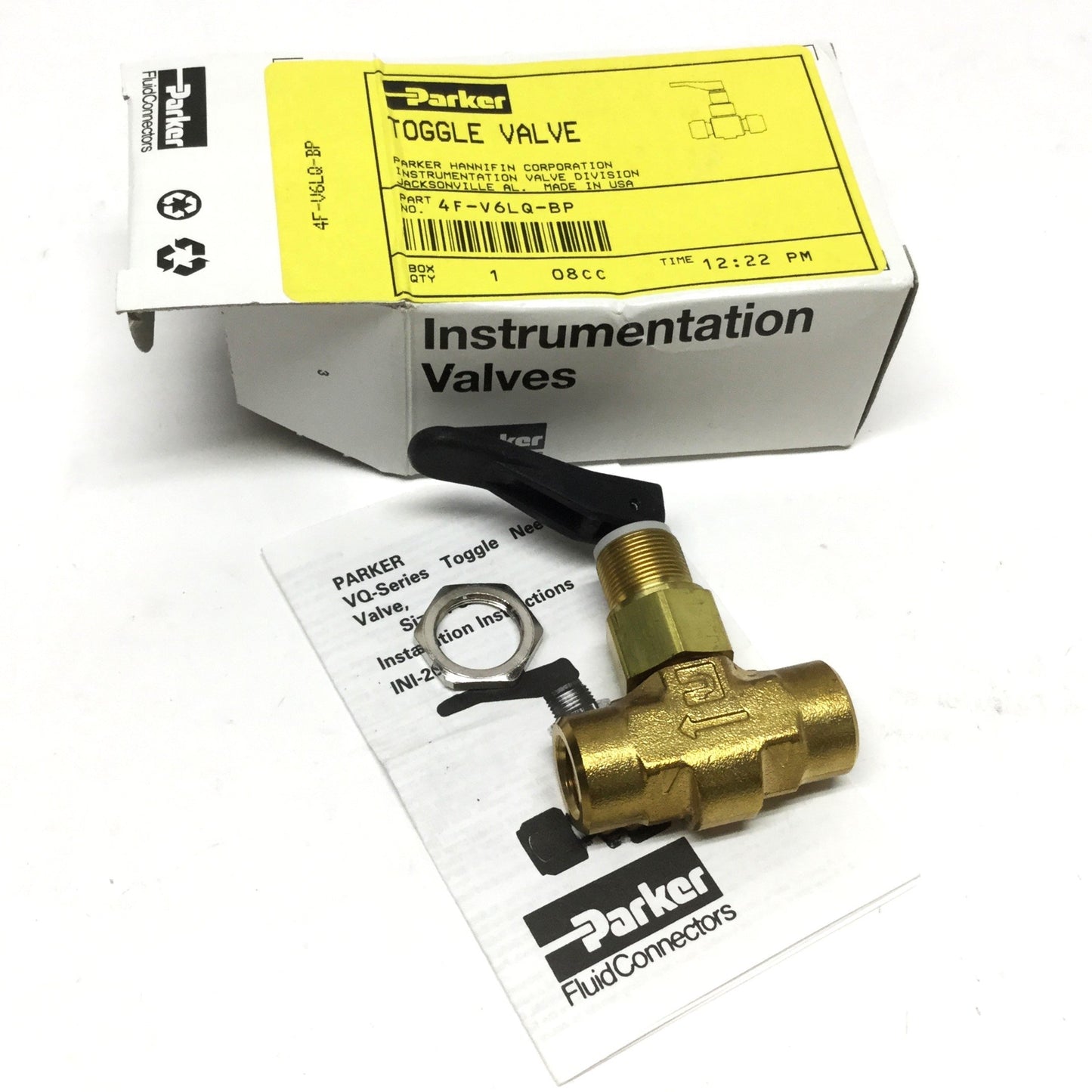 New Parker 4F-V6LQ-BP Inline Needle Toggle Valve, Brass, 1/4" NPT, PTFE Stem, 300psi