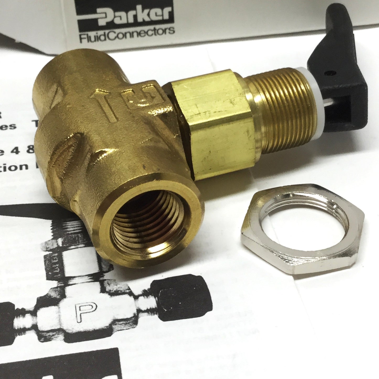 New Parker 4F-V6LQ-BP Inline Needle Toggle Valve, Brass, 1/4" NPT, PTFE Stem, 300psi