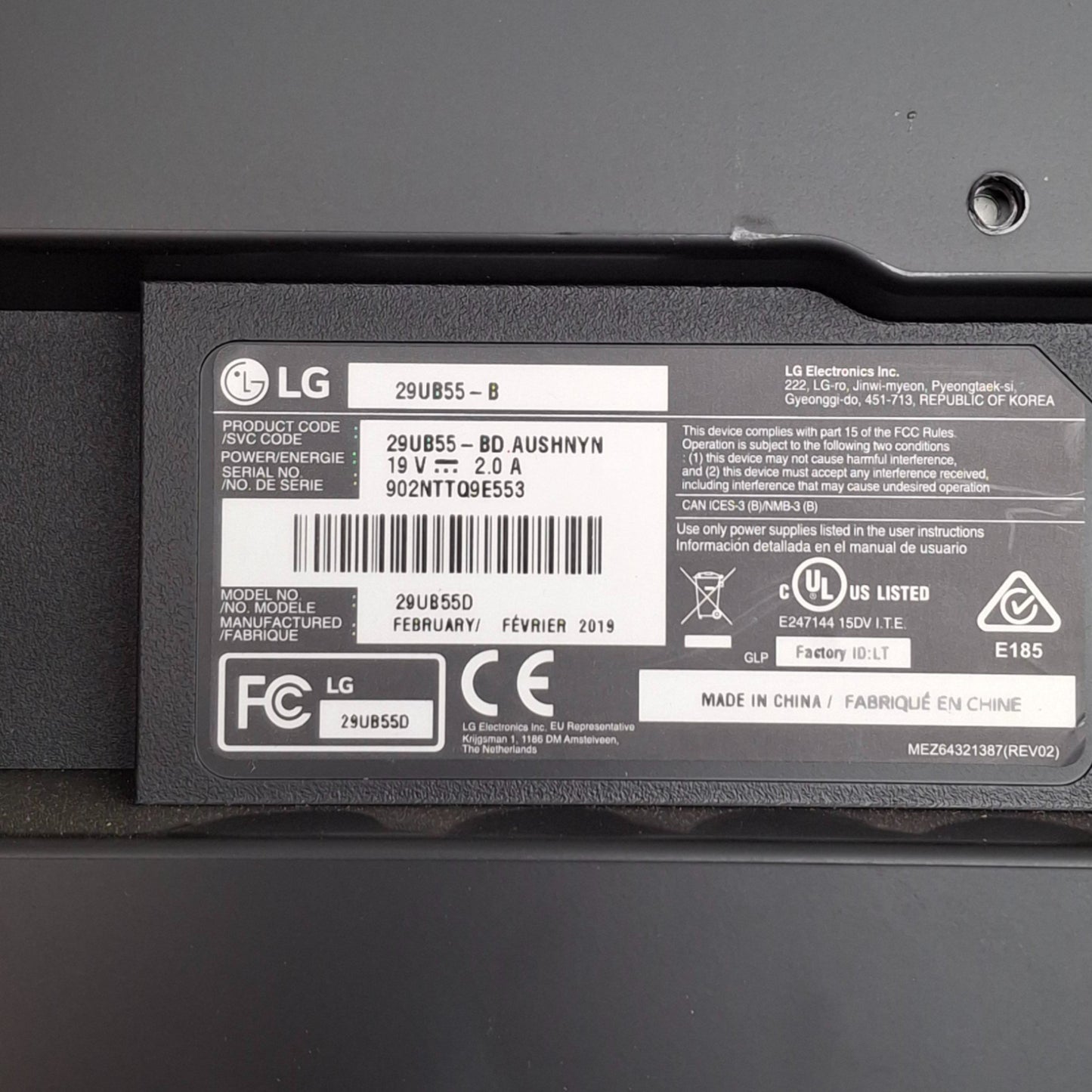 Used LG 29UN55-B Ultrawide Monitor, 1080x2560, 120VAC, HDMI/DVI-D/DP, 29 Inch Screen