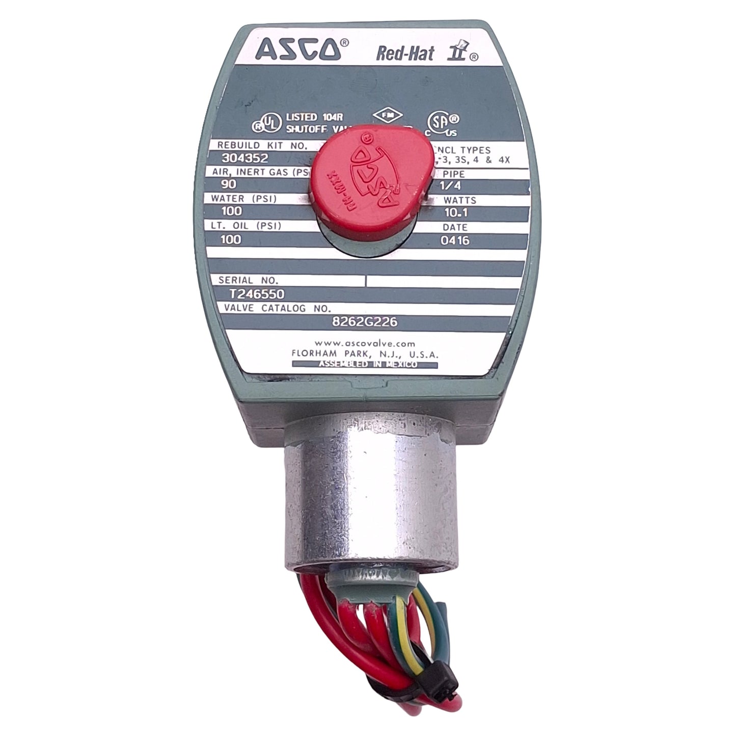Used Asco 8262G226 Red-Hat Solenoid Valve, 1/4in NPT, 90/100psi Max, 110/120VAC Coil