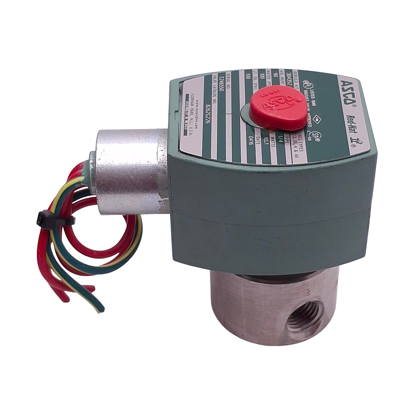 Used Asco 8262G226 Red-Hat Solenoid Valve, 1/4in NPT, 90/100psi Max, 110/120VAC Coil