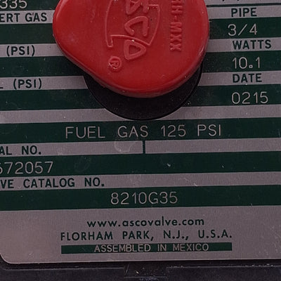 Used Asco 8210G35 Red-Hat Solenoid Valve, 3/4in NPT, 125/150psi Max, 110/120VAC Coil