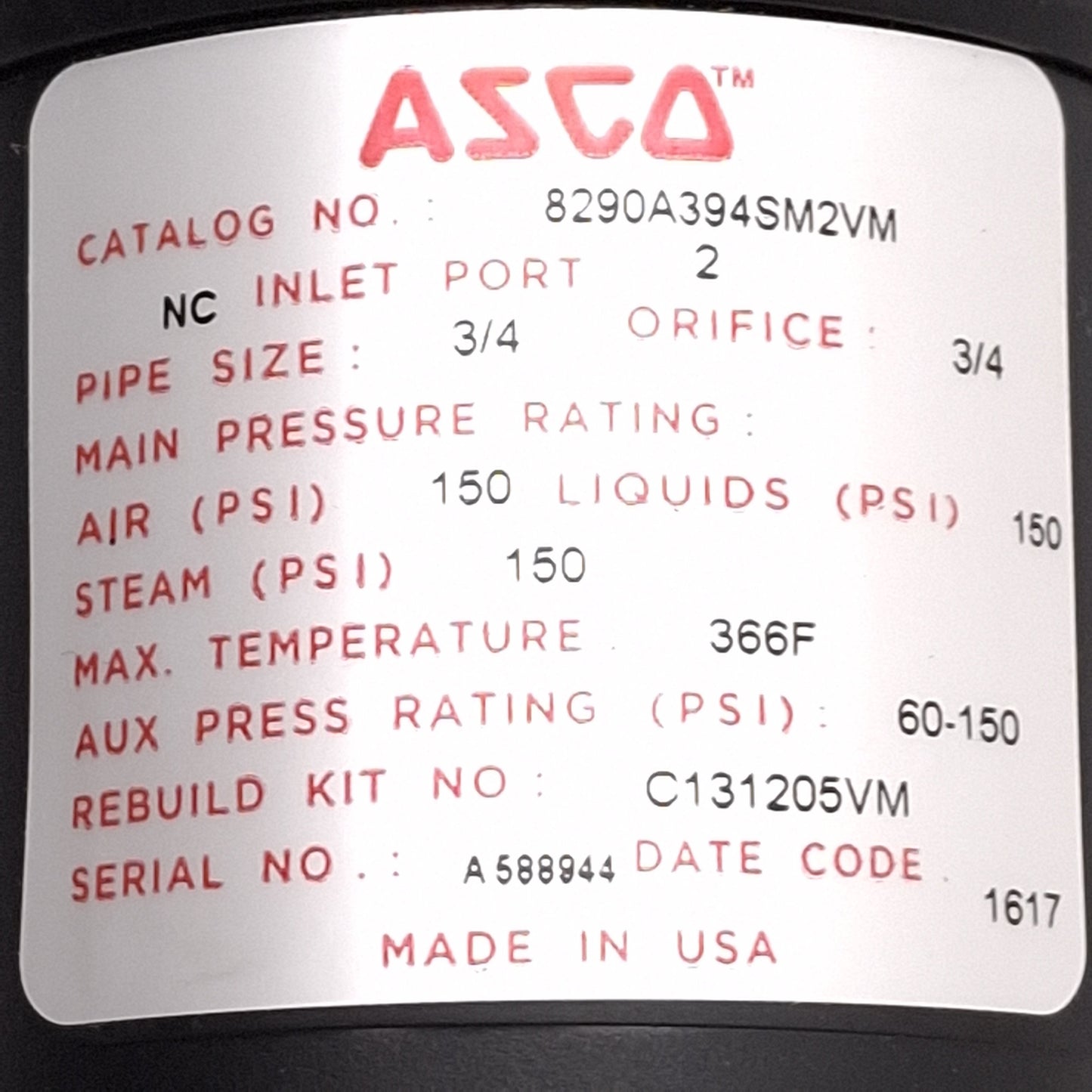 New ASCO 8290A394SM2VM Angle Body Piston Valve w/ Signaling Box, NC, 150psi, 3/4NPT