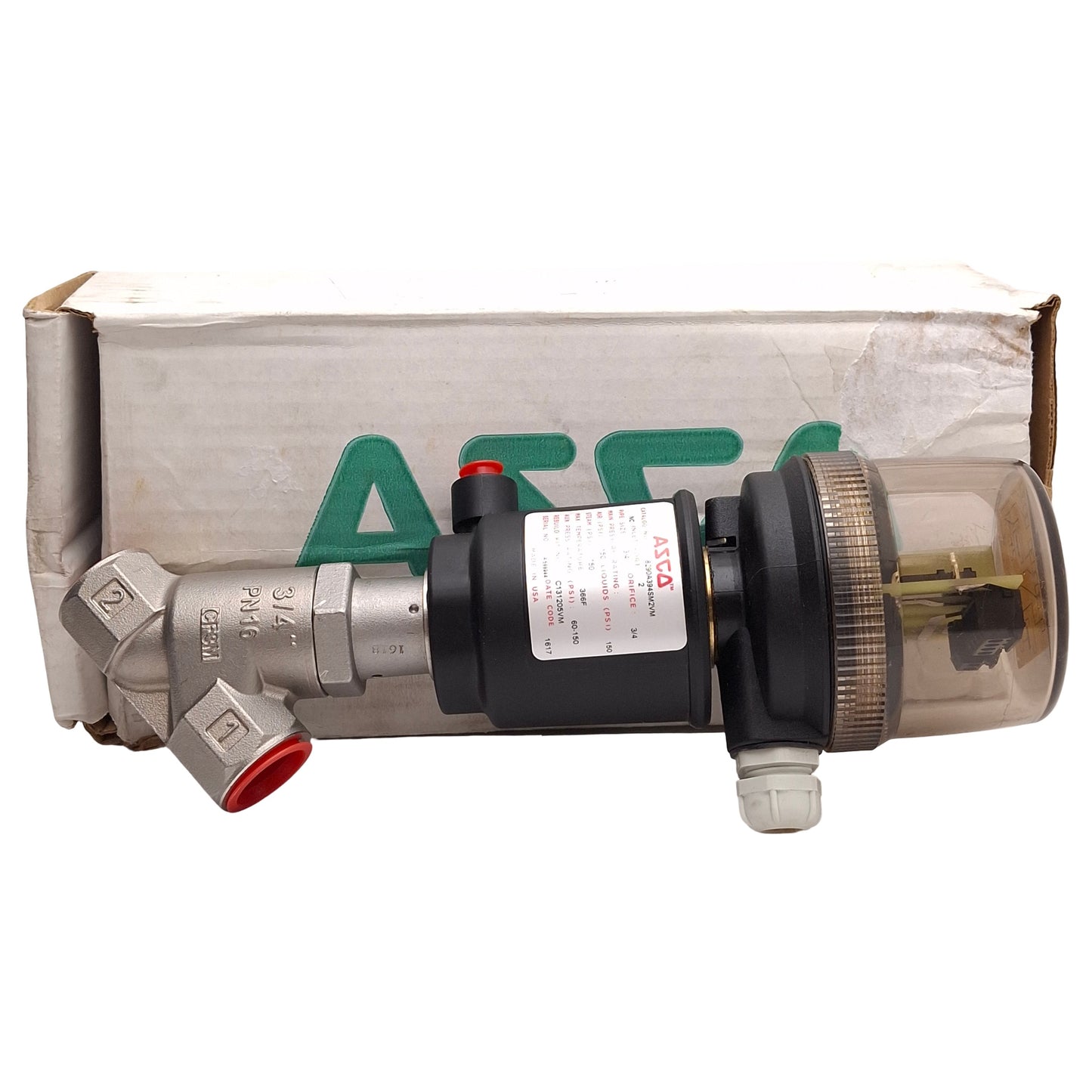 New ASCO 8290A394SM2VM Angle Body Piston Valve w/ Signaling Box, NC, 150psi, 3/4NPT