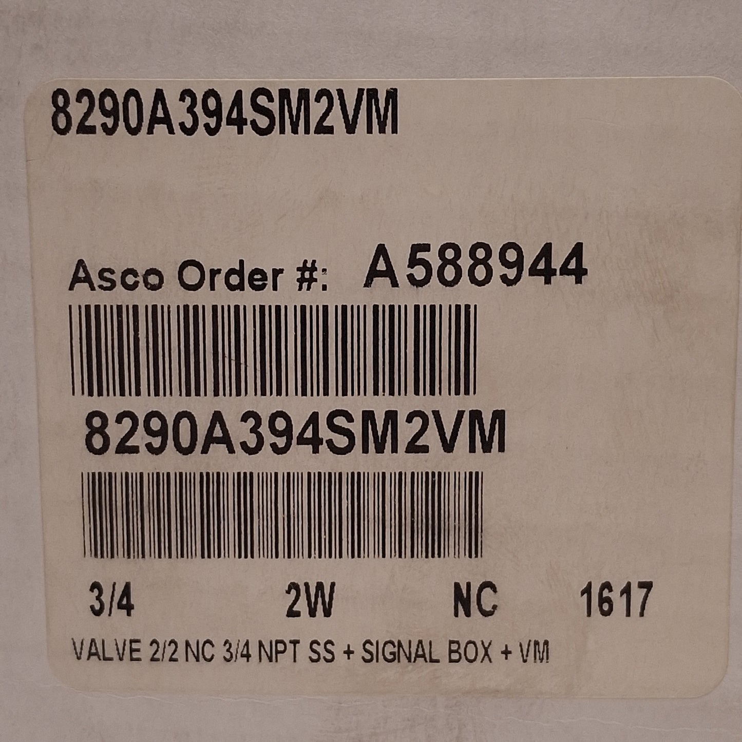 New ASCO 8290A394SM2VM Angle Body Piston Valve w/ Signaling Box, NC, 150psi, 3/4NPT