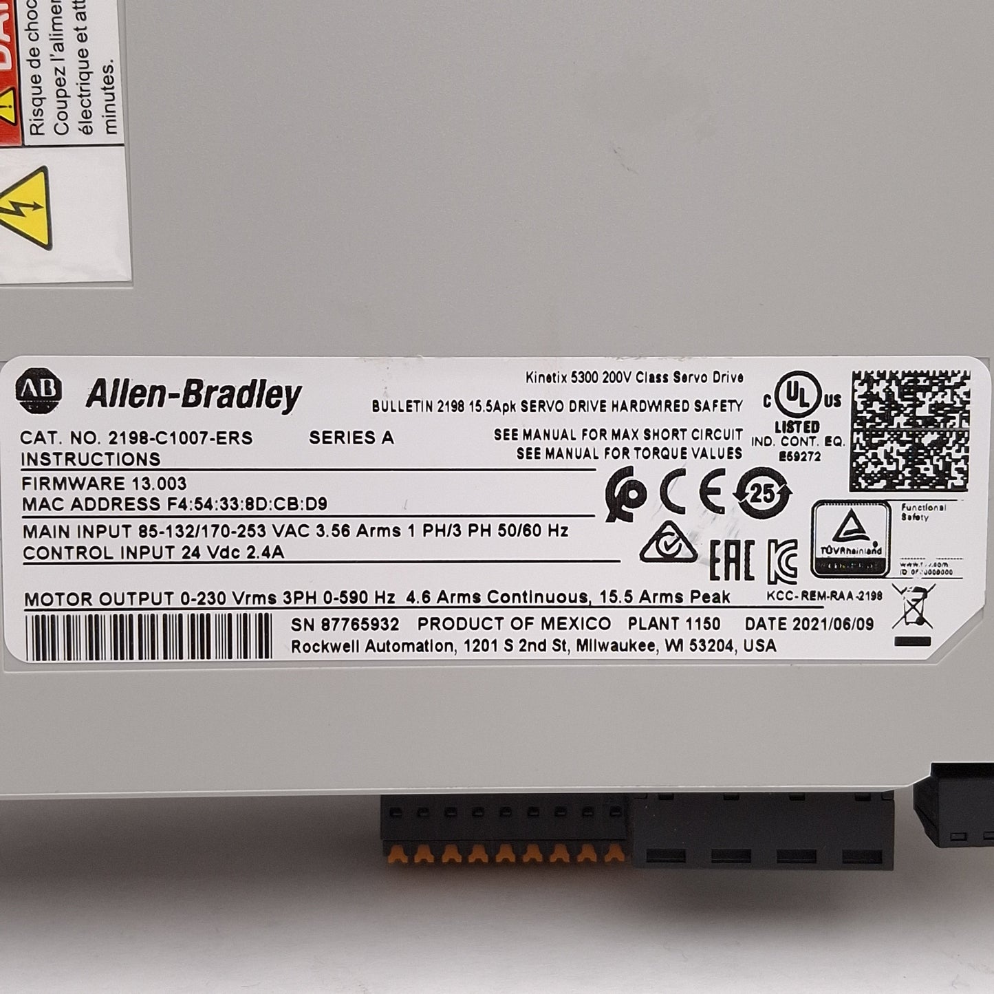 Used Allen Bradley 2198-C1007-ERS Kinetix 5300 Servo Drive 0.75kW 3Ø 0-230VAC 0-590Hz