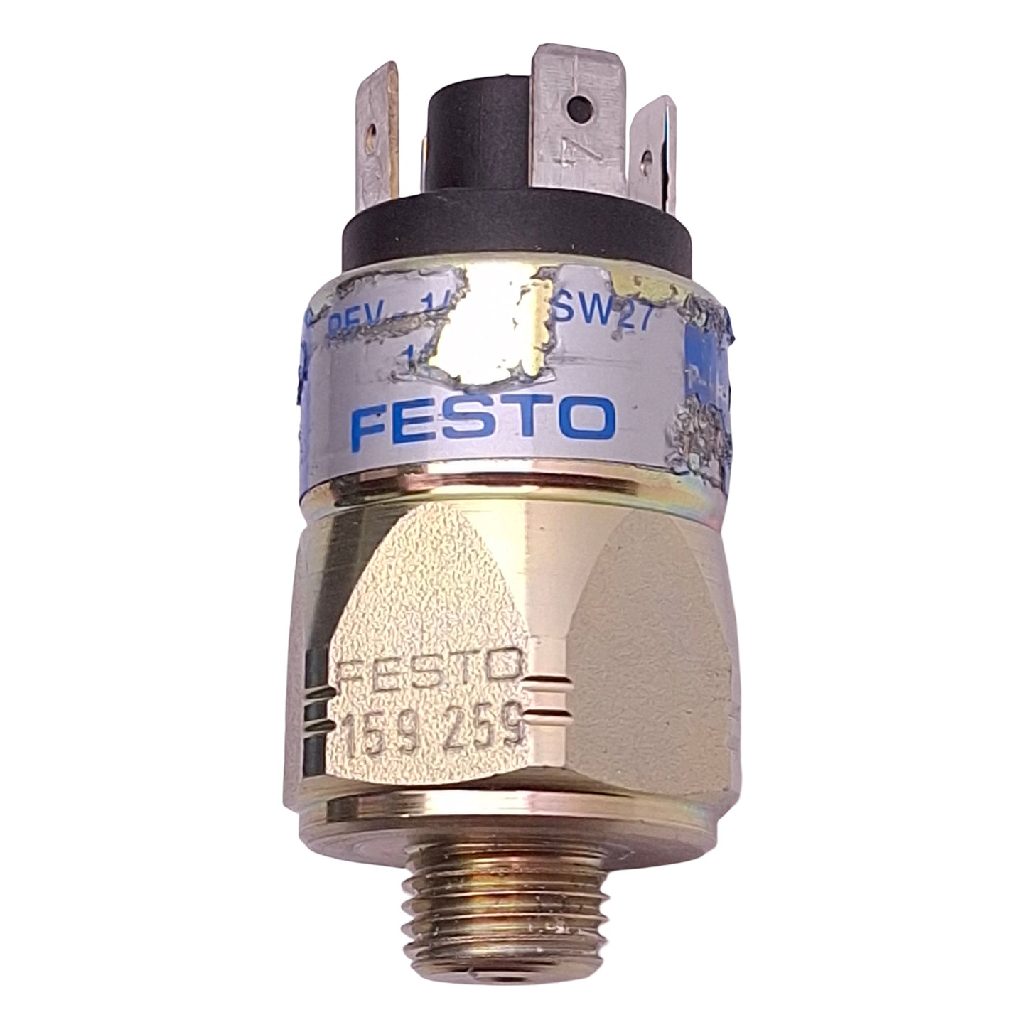 Used Festo PEV-1/4A-SW27 Pressure Switch, 1-10bar, 12-250VAC/DC, G1/4, 4-Pin Plug-In