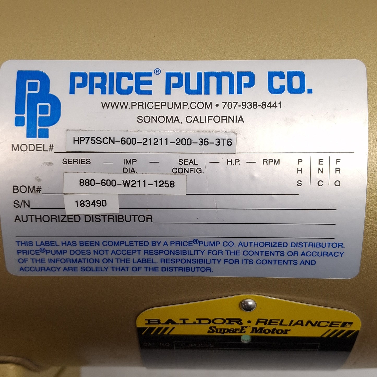 Used Price Pump HP75SCN-600-21211-200-36-3T6 Centrifugal Pump, 2HP, 20GPM, 3/4in NPT