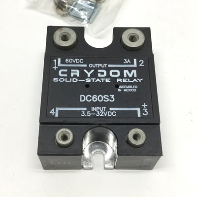 New – Open box Crydom DC60S3 DC Switching Solid-State Relay, 3-32VDC Control, 3A 60VDC Out