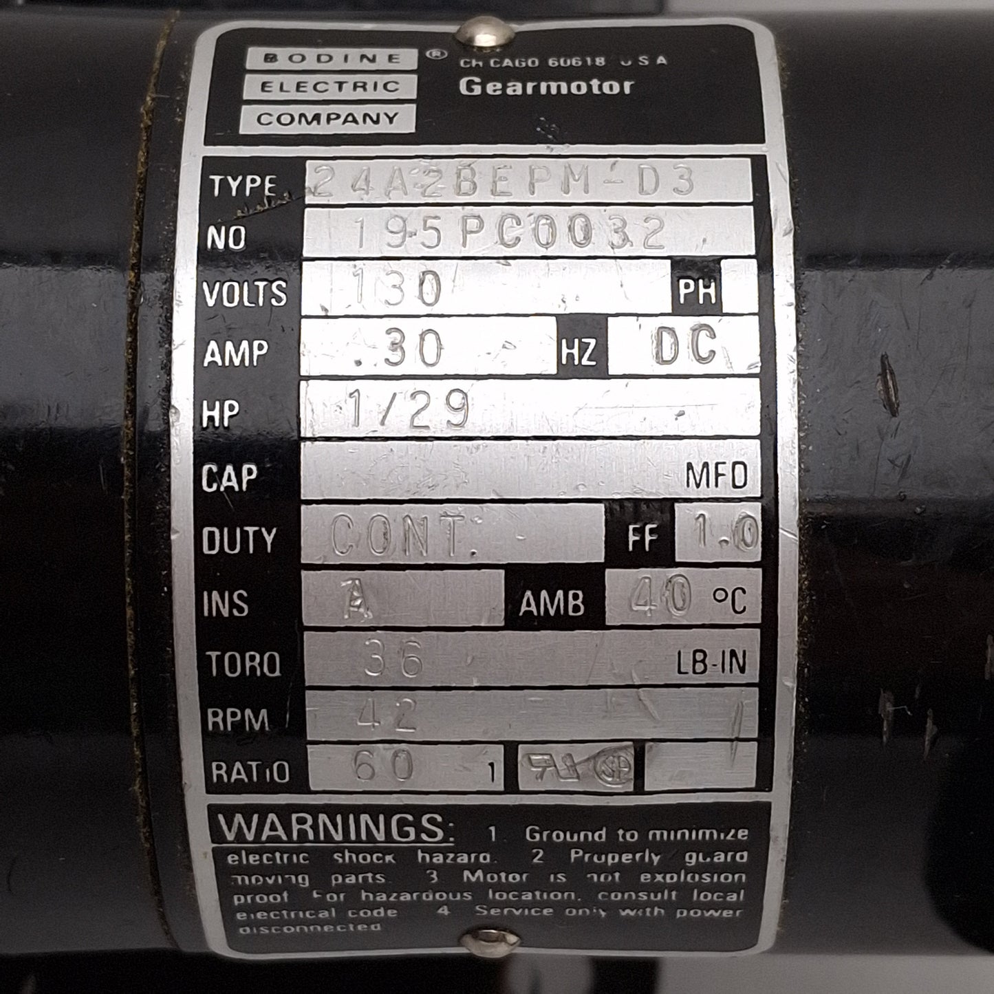 Used Bodine 24A2BEPM-D3 Gearmotor, 1/29HP, 36lb-in, 42rpm, 60:1, ø1/2in Shaft, 130VDC