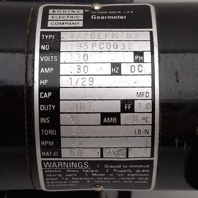 Used Bodine 24A2BEPM-D3 Gearmotor, 1/29HP, 36lb-in, 42rpm, 60:1, ø1/2in Shaft, 130VDC
