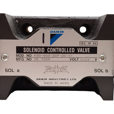 Used Daikin KSO-G03-2CP-20-C1 Solenoid Hydraulic Valve, 25MPa, 160L/min, 24VDC Coils