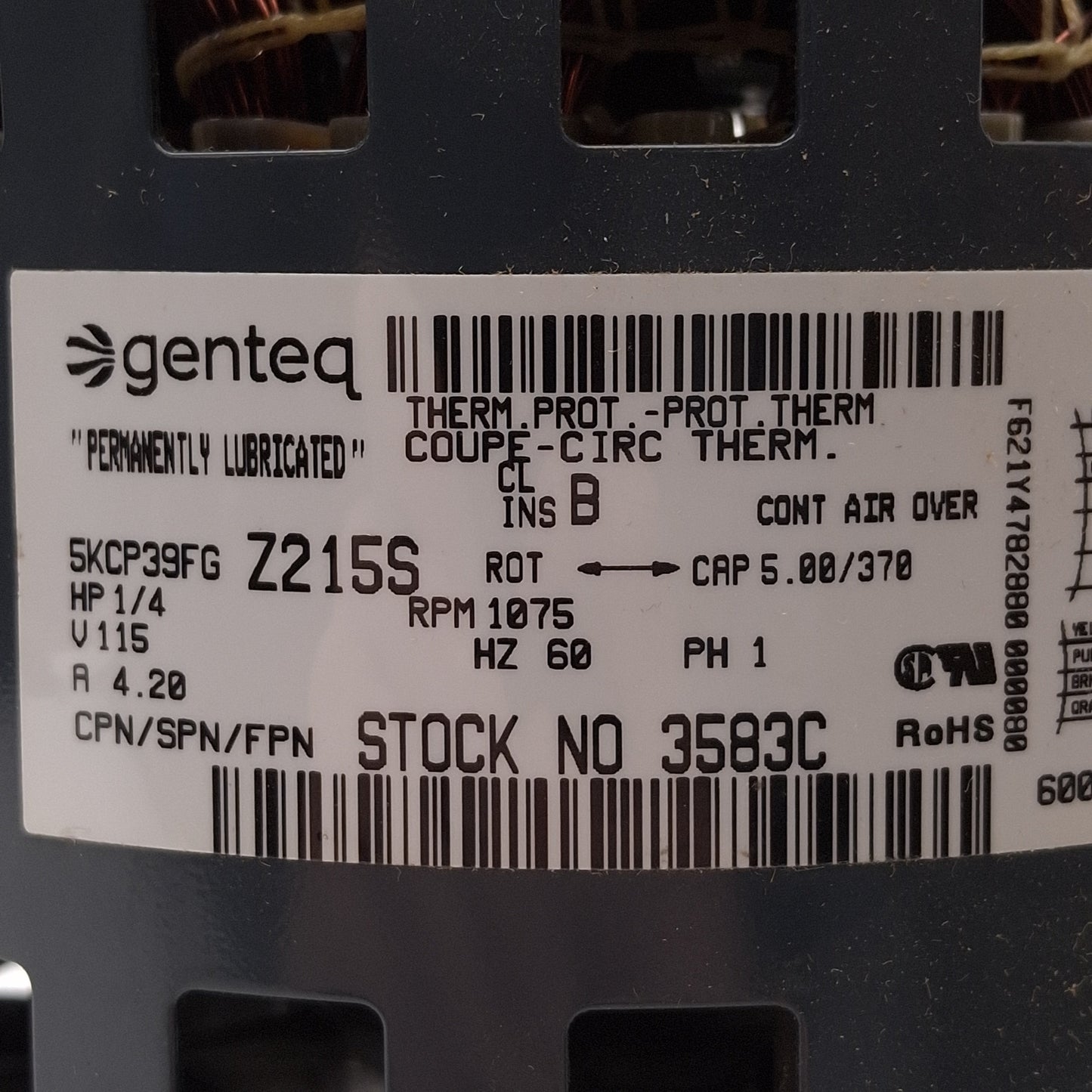 New Genteq 5KCP39FGZ215S 3583C Blower Motor, 1/4HP, 1075rpm, ø1/2in Shaft, 115VAC