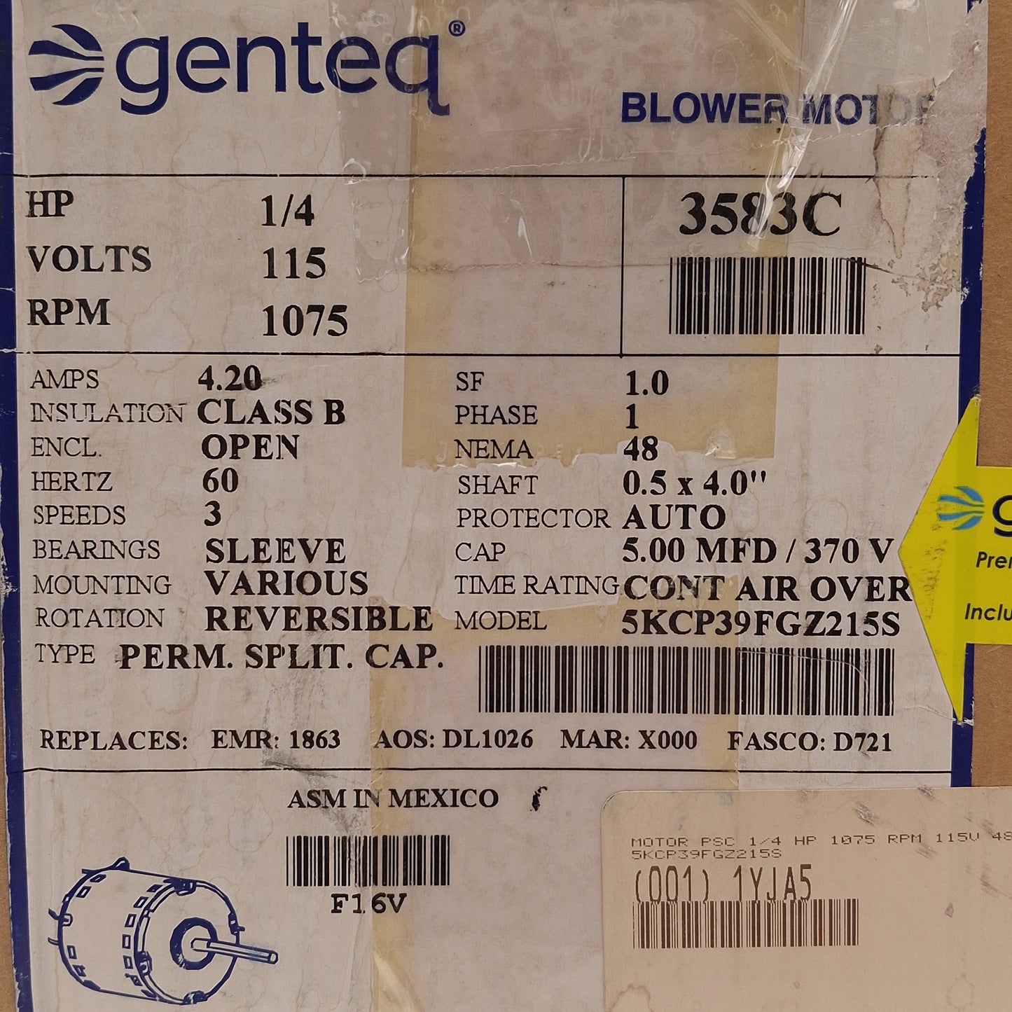New Genteq 5KCP39FGZ215S 3583C Blower Motor, 1/4HP, 1075rpm, ø1/2in Shaft, 115VAC