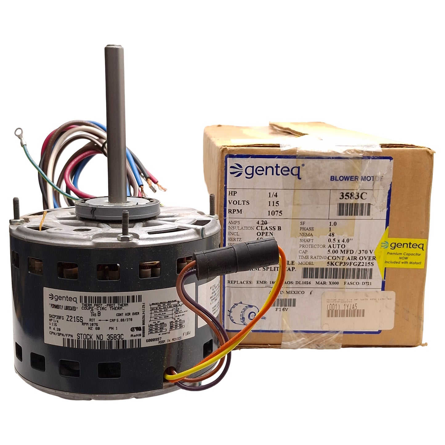 New Genteq 5KCP39FGZ215S 3583C Blower Motor, 1/4HP, 1075rpm, ø1/2in Shaft, 115VAC