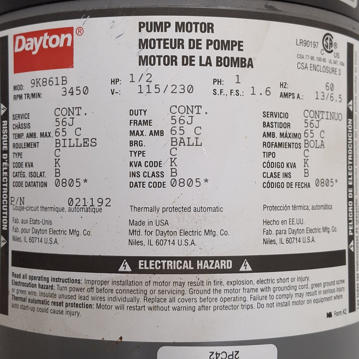 Used Dayton 2PC42E Stainless Steel 12-Stage Booster Pump, 1/2HP 115/230VAC, 3/4in NPT
