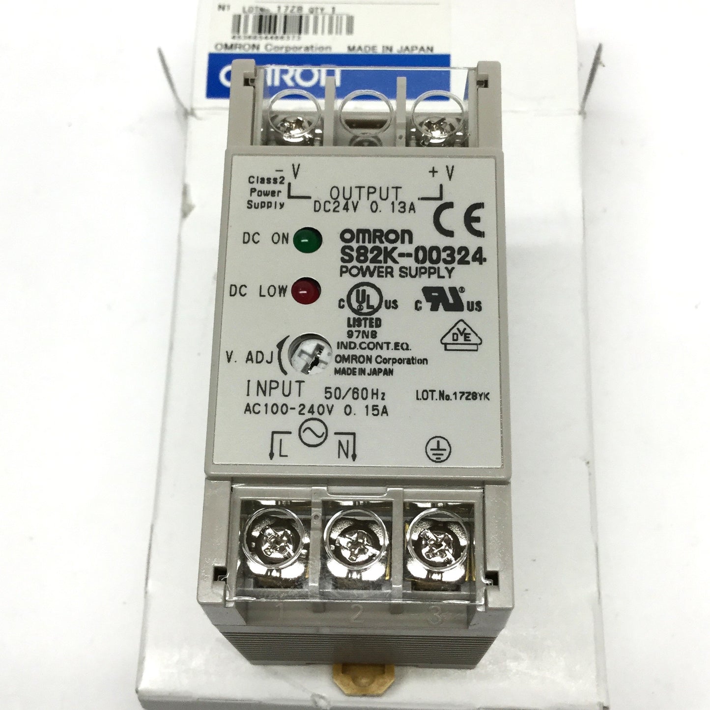 New – Open box Omron S82K-00324 DIN Rail Power Supply, 100-240VAC In, 0.13A 24VDC 3.1W Out
