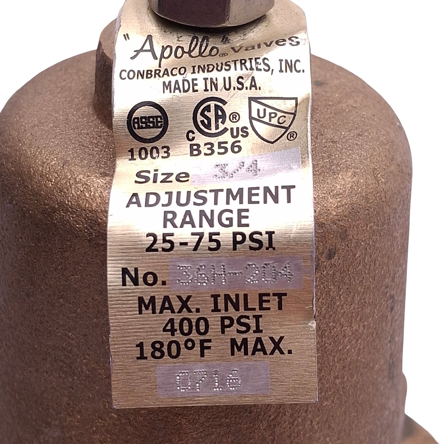 Used Apollo Valves 36H-204 Pressure Reducing Valve, 3/4in NPT, 25-75psi Range