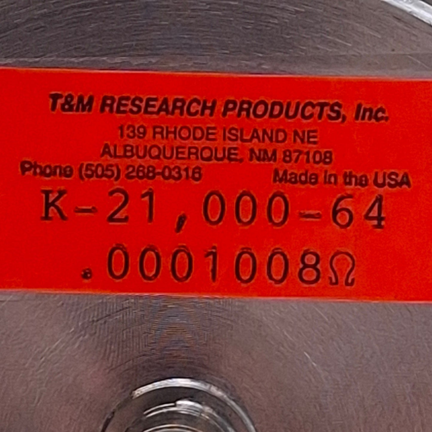 Used T&M Research Products K-21,000-64 Coaxial Shunt 0.0001 Ohms, 0.25MHz, ø5.25in