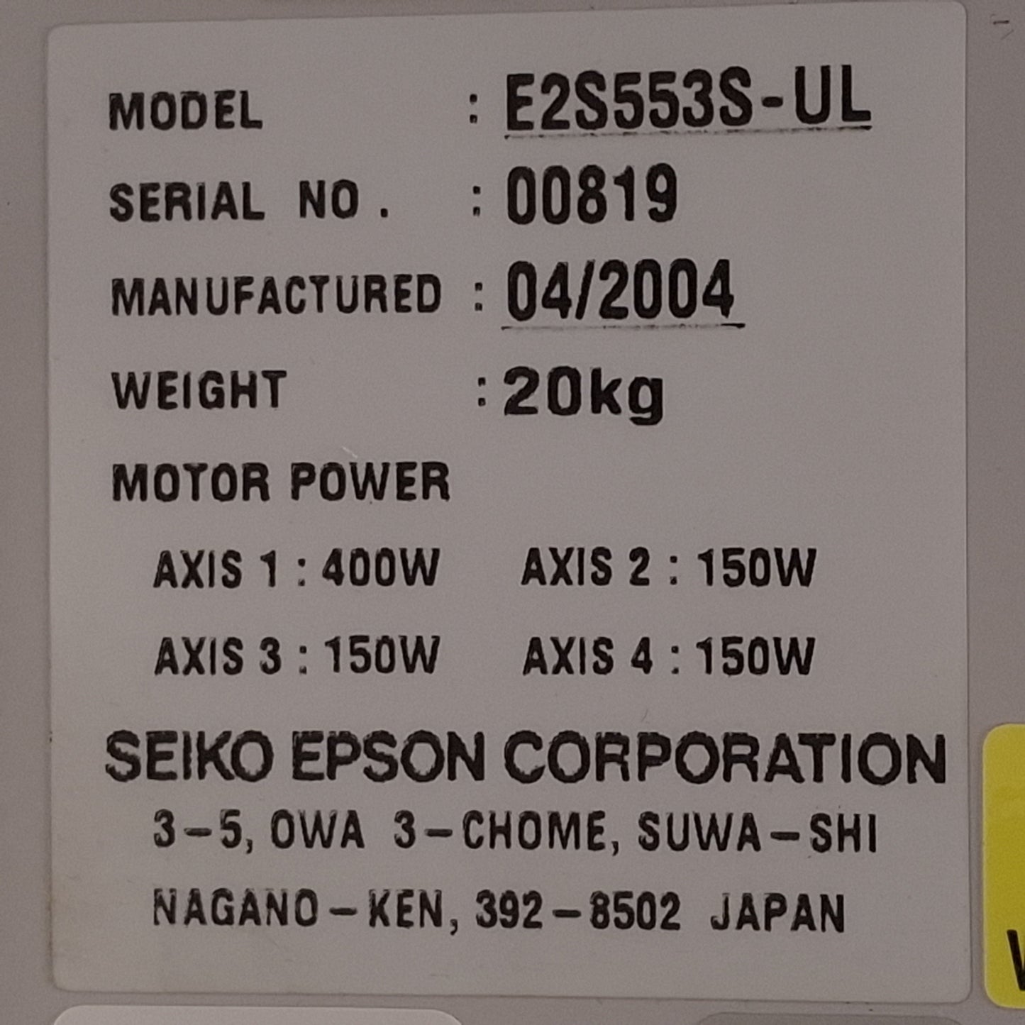 Used Seiko Epson E2S553S-UL SCARA Industrial Robot Arm, 550mm Reach, 320mm Z-Axis