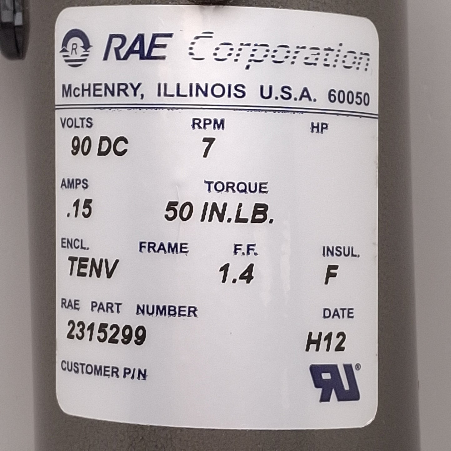 Used RAE 2315299 Electric DC Gearmotor, 400:1, 50in-lb, 7rpm, TENV, 90VDC 0.15A