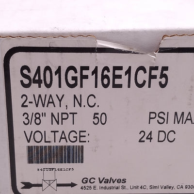 New GC Valves S401GF16E1CF5 Solenoid Valve, 2-Way N.C, 3/8in NPT, 50psi, 24VDC Coil
