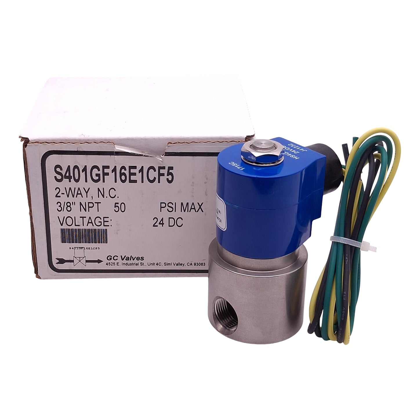 New GC Valves S401GF16E1CF5 Solenoid Valve, 2-Way N.C, 3/8in NPT, 50psi, 24VDC Coil