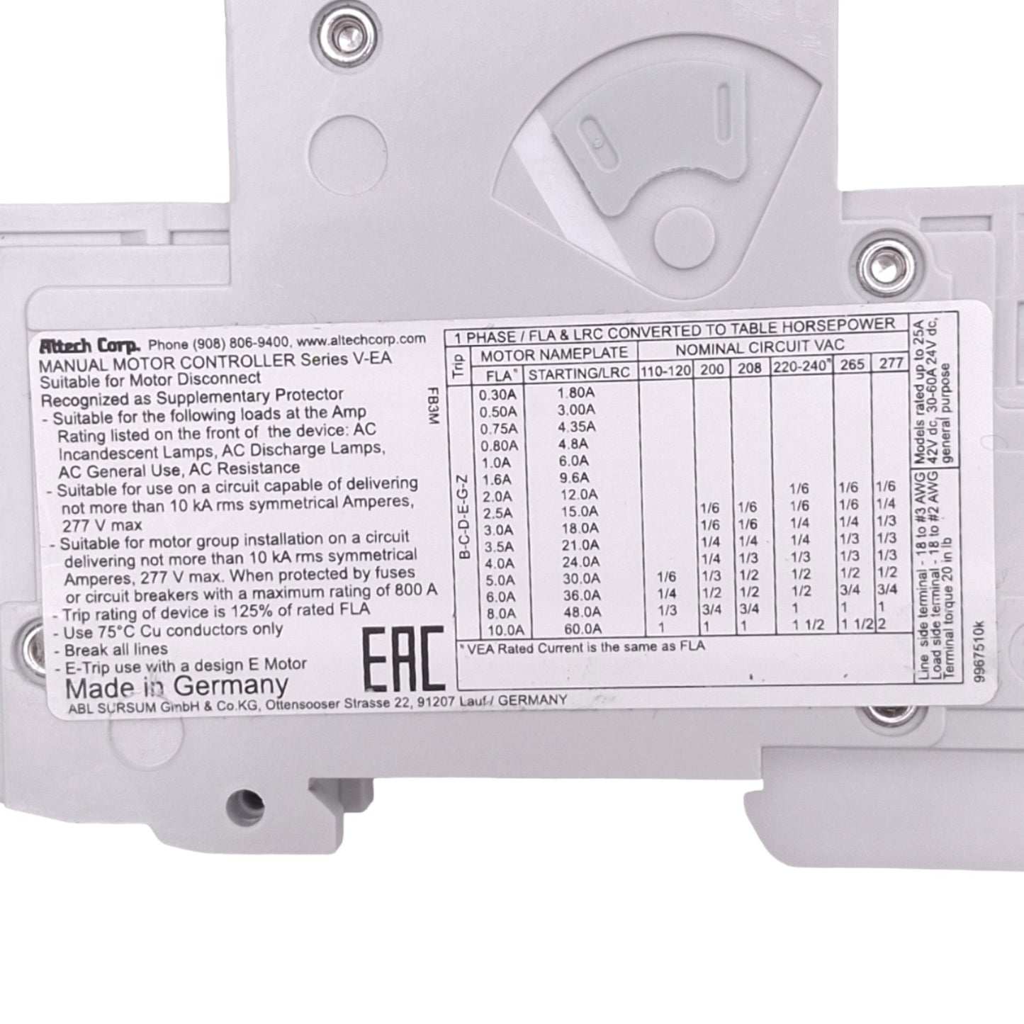 Used Altech ABL Sursum 1G5UM Circuit Breaker, 1-Pole, 5A, 277VAC Max, DIN Rail